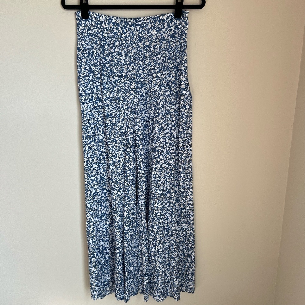 Luukse Wide Leg High Rise Ditsy Floral Pants Blue Rayon Side Zip Flowy Sz Medium
